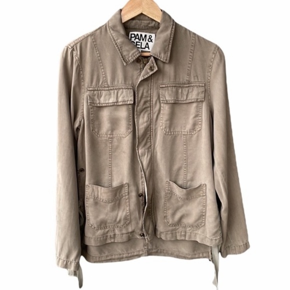 Pam & Gela Jacket Coat Utility Cargo Green Tie Detail Zip Preppy Casual Sz Small - Picture 2 of 10